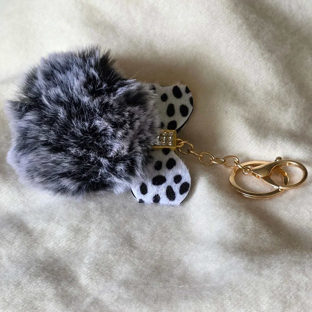 Faux Fur Pom Pom Keychain Dalmatian Print Bow Gold Bag Charm Grey Black Spotted